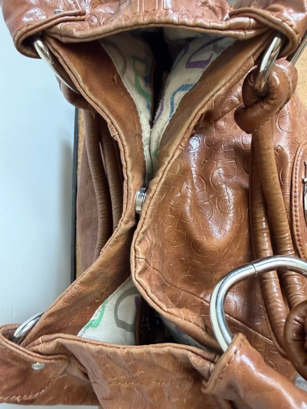 GUESS Vintage Brown Leather Hobo Bag Monogram Logo Y2K Shoulder Bag - Picture 14 of 14